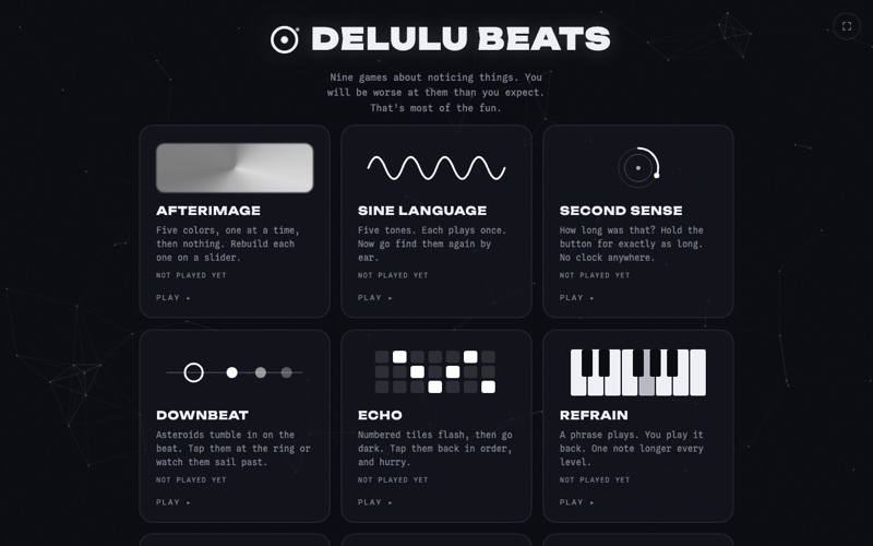 The Delulu Beats home screen: a dark grid of nine ear-training games