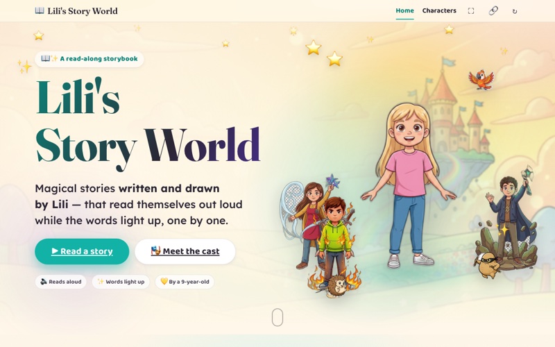 Lili's Story World: an illustrated storybook hero with read-aloud buttons