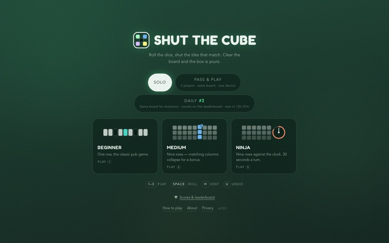 The Shut The Cube menu: beginner, medium and ninja boards on deep green